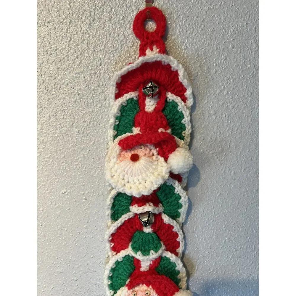 Handmade Crocheted Christmas Bell Santa Wall Hanging 31” Vintage Holiday Kitsch